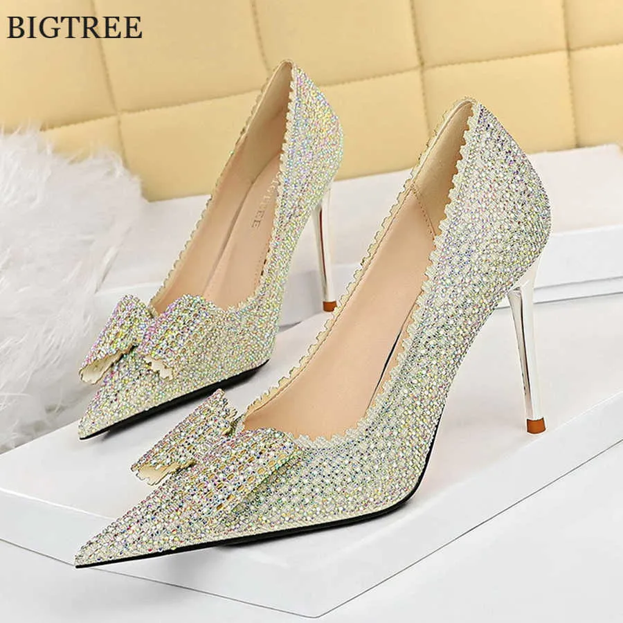 Princess Style Crystal Wedding Shoes New Women Pumps Sequined Cloth Sweet Rhinestone Bowknot High Heel Woman Dress Pointed 230424