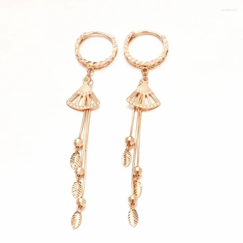 Dangle Earrings 585 Purple Gold Ear Buckle Jewelry Plated 14K Rose Fan-shaped Soft Chain Leaf Tassel Fashion For Women