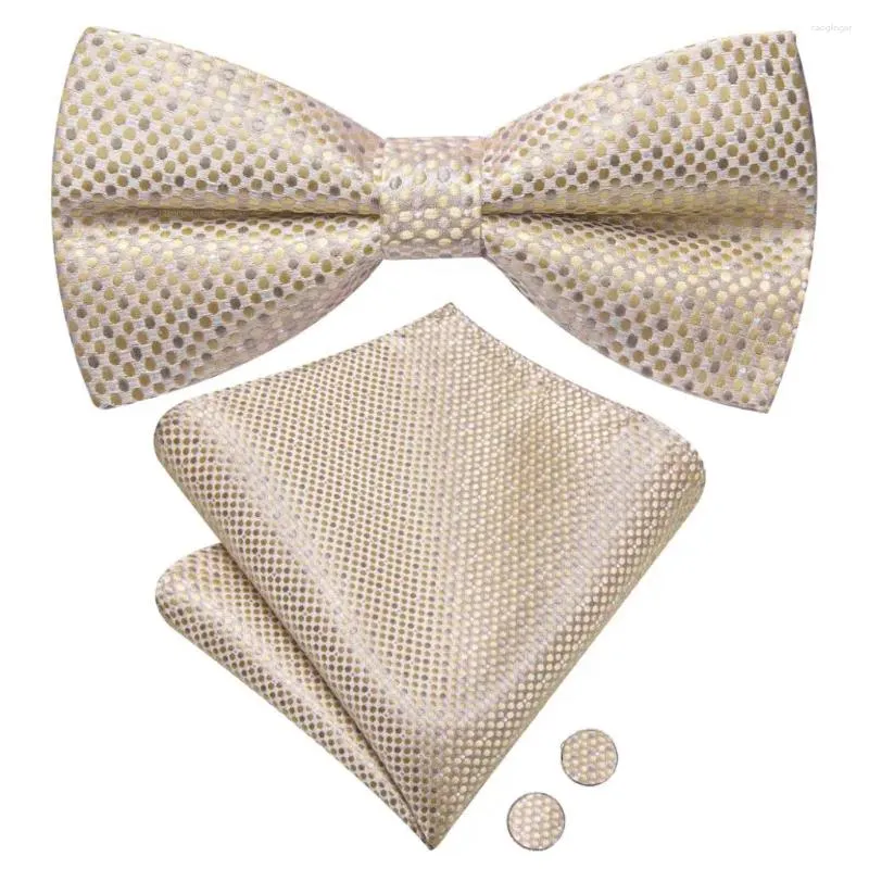 Laços Hi-Tie Dot Champagne Men Tie Hankerchief Cufflink Pré-amarrado Seda Borboleta Nó Bowtie Para Masculino Festa de Negócios Atacado