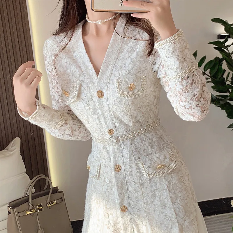 Casual Autumn Lace Splicing Mesh Mermaid Dress with V Neck Beaded Floral  Embroidery and Pearl Belt from Dhgate Basic & Casual Dresses - price 92.8