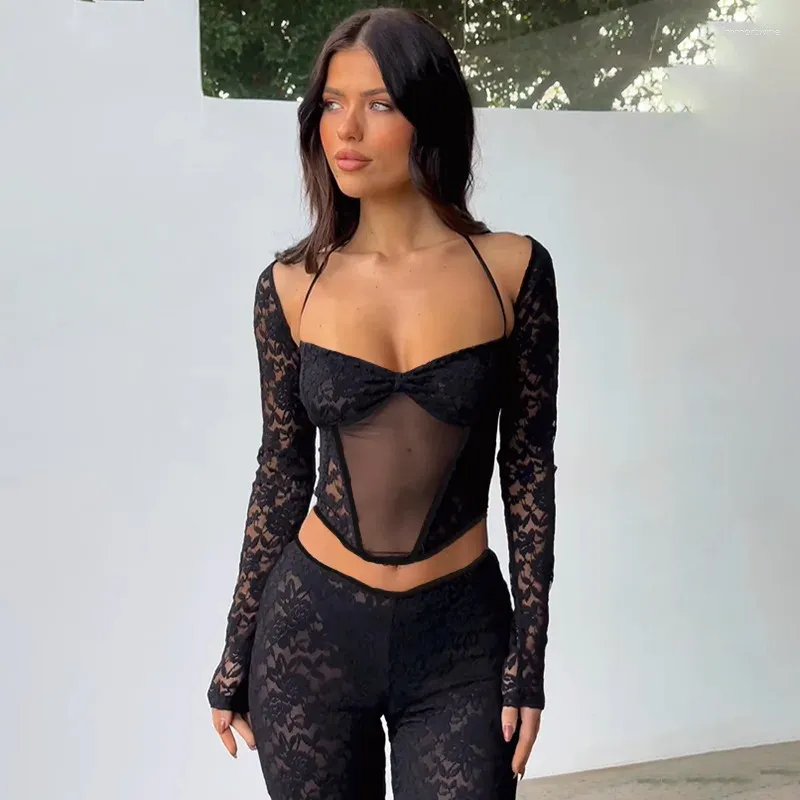 Women's Two Piece Pants Autumn And Winter Hanging Neck Lace Long-sleeved Mesh Tunic Top Sexy Micro-transparent Straight Trousers Girl