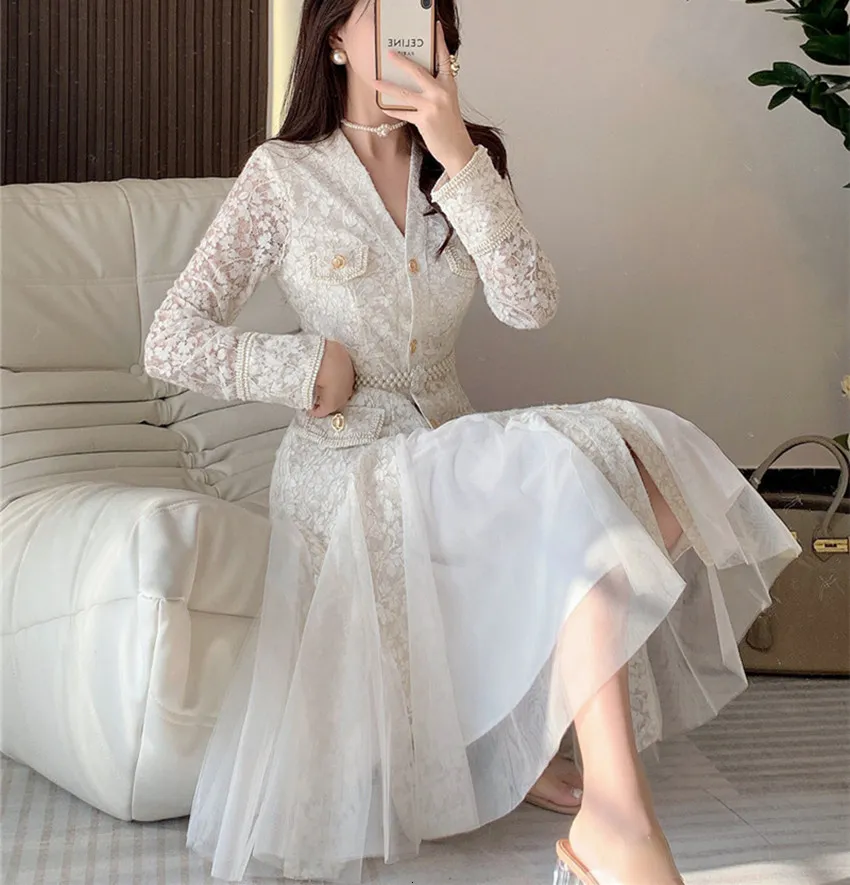 Casual Autumn Lace Splicing Mesh Mermaid Dress with V Neck Beaded Floral  Embroidery and Pearl Belt from Dhgate Basic & Casual Dresses - price 92.8