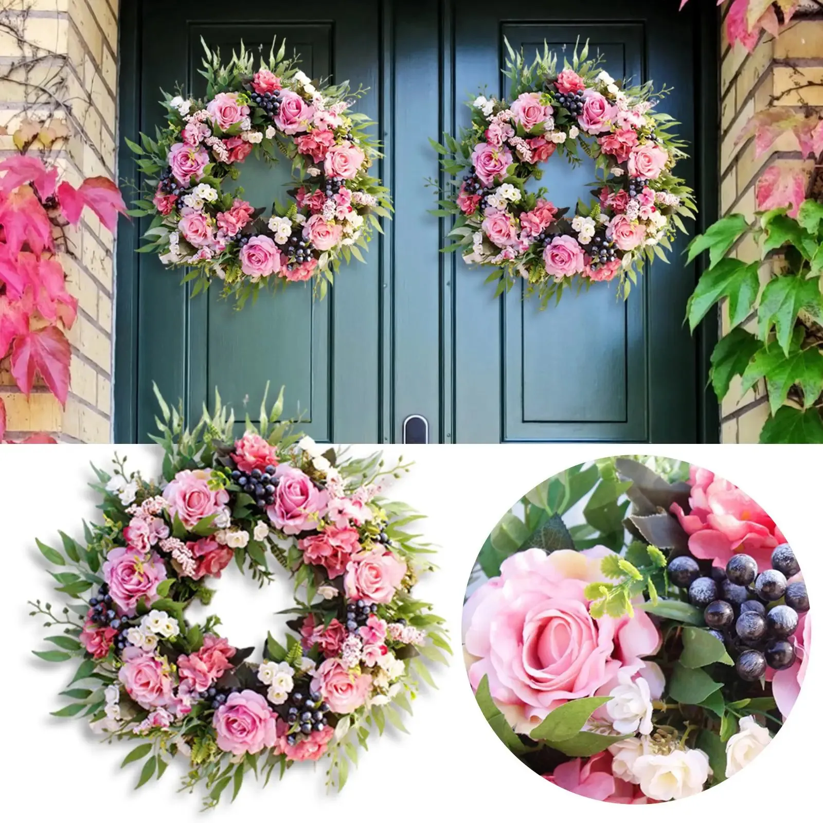 50cm Front Door Wreath Rose Artificial Flowers Garland Hanging Greenery Leaf Outside for Backdrop Festival Party Window Holiday