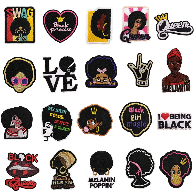 Black Girl Embroidered Iron On Patches For Clothing, Suede Dress
