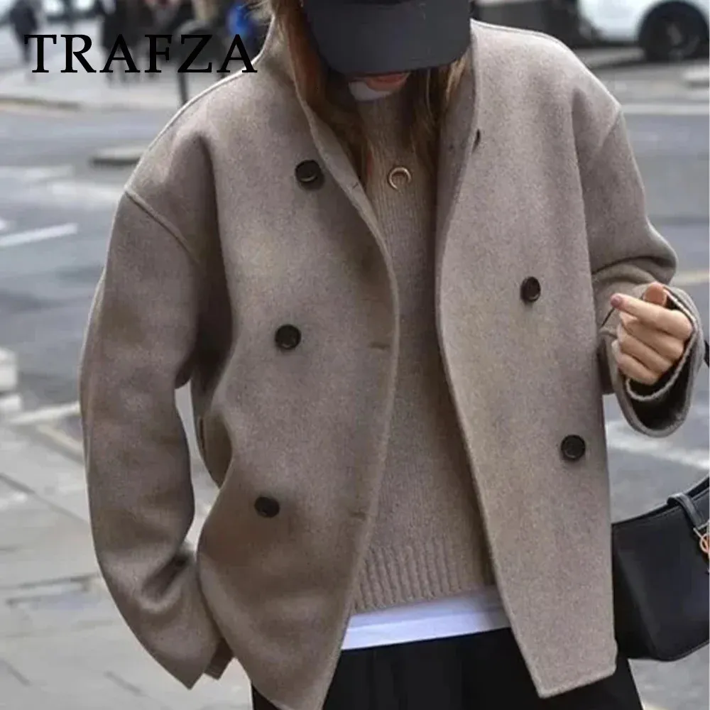 Mujer piel sintética TRAFZA 2023 Otoño Invierno mujer Casual abrigo de lana Lisa moda Oficina señora suelta doble botonadura cuello alto chaqueta de entretiempo 231123