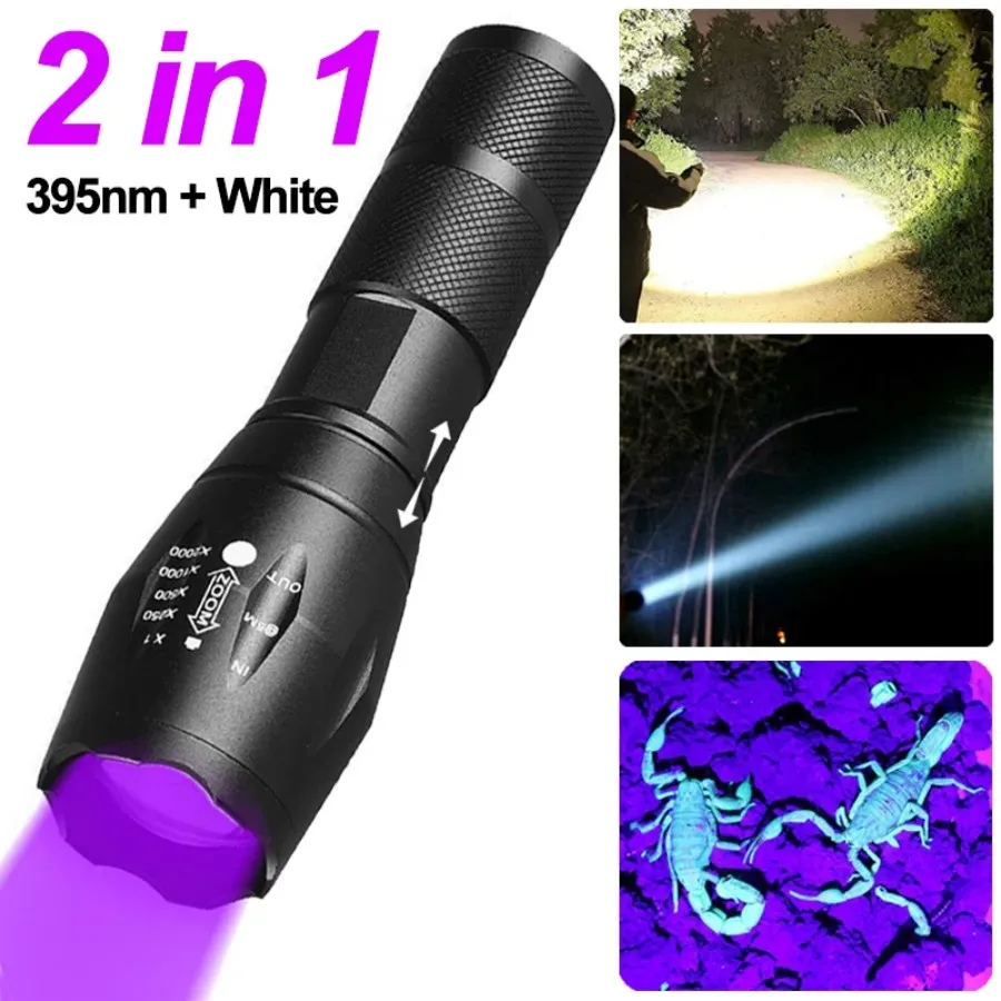 2-in-1-UV-Taschenlampe, lila, weiß, duales Licht, zoombare Taschenlampe, Haustier-Urinflecken-Detektor, Skorpion-Jagd, UV-Taschenlampen