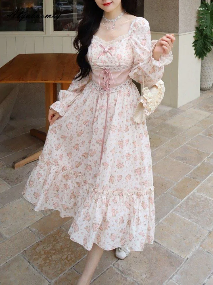 Vestidos casuais franceses doces primavera outono feminino vestido romântico rosa renda floral bandagem arco princesa delicada fada fada midi