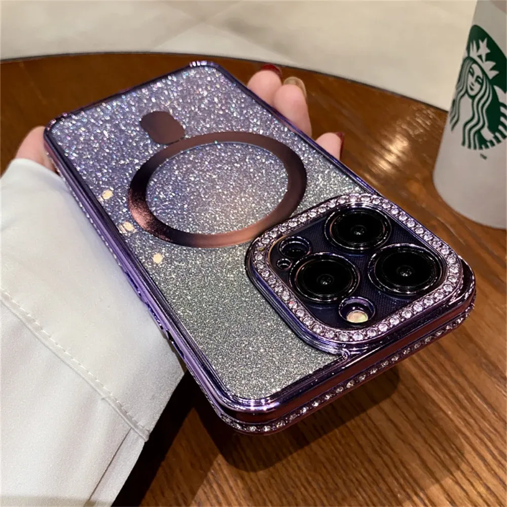 Magsafe manyetik şarj telefon kasası için iPhone 15 13 12 11 14 Pro Max Plus Kamera Lens Kenar Kaplama Glitter Rhinestones Gradyan Şeffaf Yumuşak TPU Kapağı