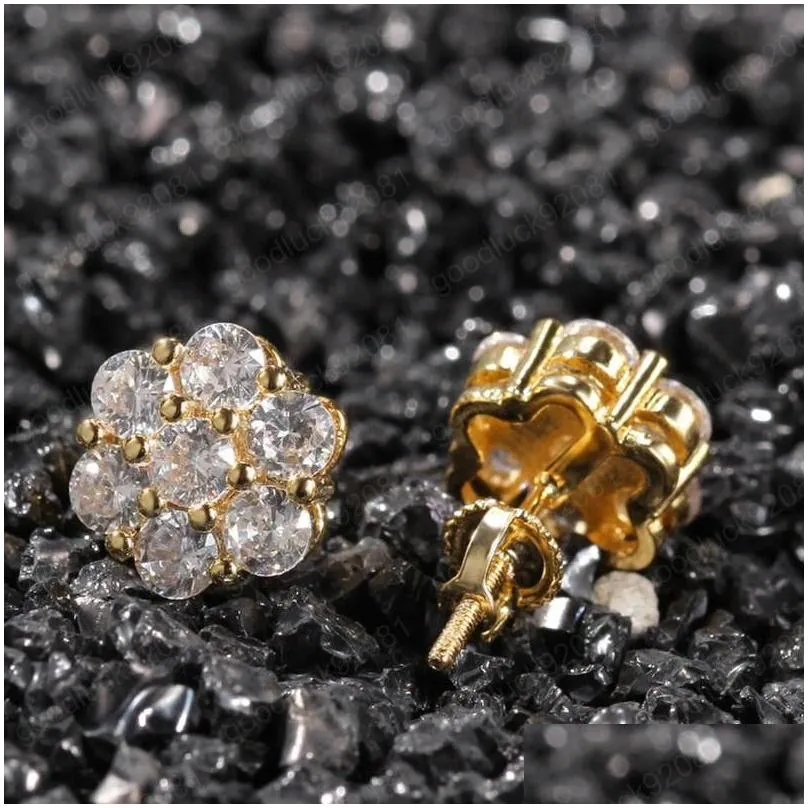 Stud 18K Gerçek Altın Hiphop CZ Küpeler Erkekler için Kadın ve Kız Hediyeleri Elmas Studs Punk Mücevher Teslimat Dhvxt