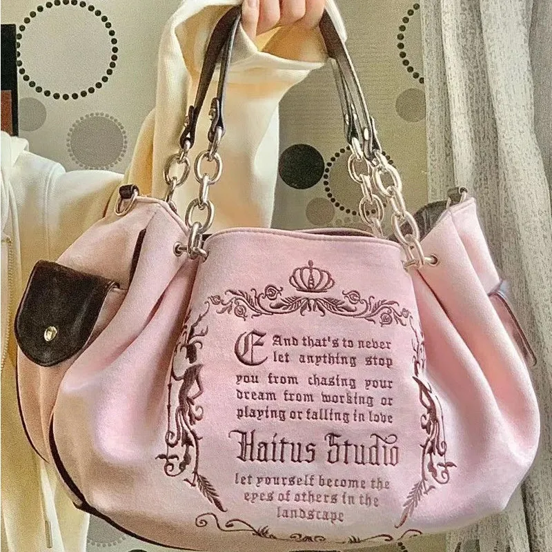 Sacs de soirée Y2K Femmes Rose Vintage Gothique Fourre-tout Sac Esthétique Grande Capacité Broderie Lettre Rétro Dames Grunge Chaîne Voyage Épaule 231123