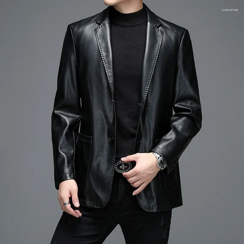 Men's Suits Black And Blue Leather Blazer 2023 Spring Autumn Arrivals Men Smart Casual Classic Pu Jackets Br Clothing