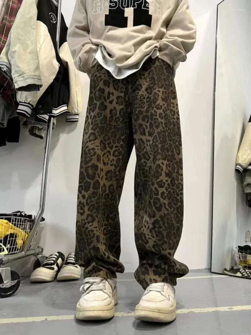 Jeans pour hommes 2023 Vintage Léopard Impression Lavage Pantalons décontractés Mode Tendance Lâche Droite Pantalon de haute qualité S-3XL