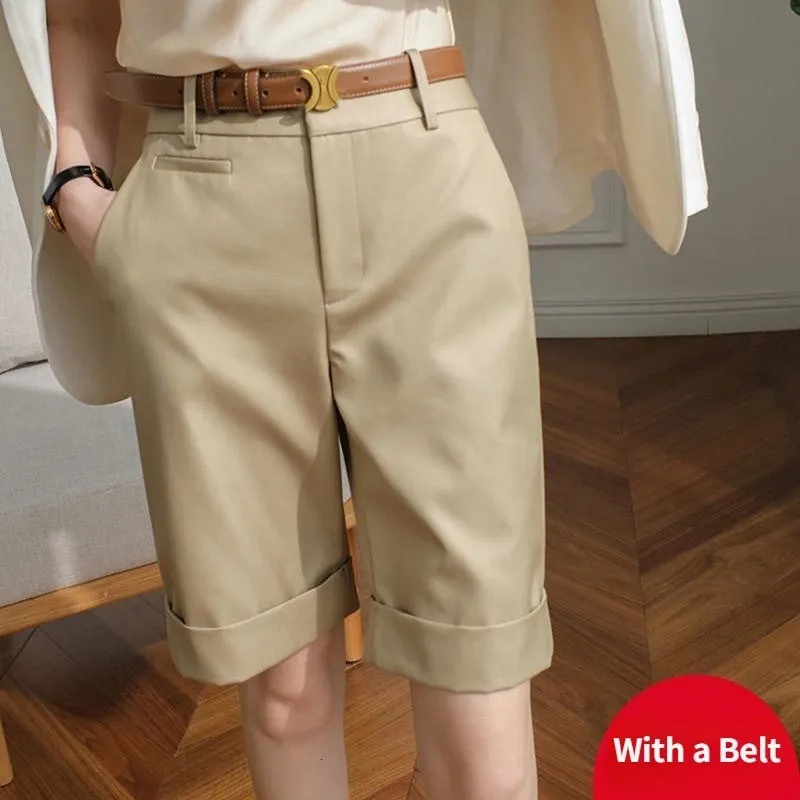 Shorts pour femmes Shorts d'été pour femmes Taille haute Longueur au genou Pantalon droit avec ceinture Bureau Kaki Blanc Noir Casual Pantalon court Femme Mode 230424