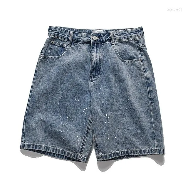 Heren Jeans Kleurblok Zakken Denim Shorts Heren Zomer Streetwear Splash-Ink Korte Baggy Knielange Broek Heren