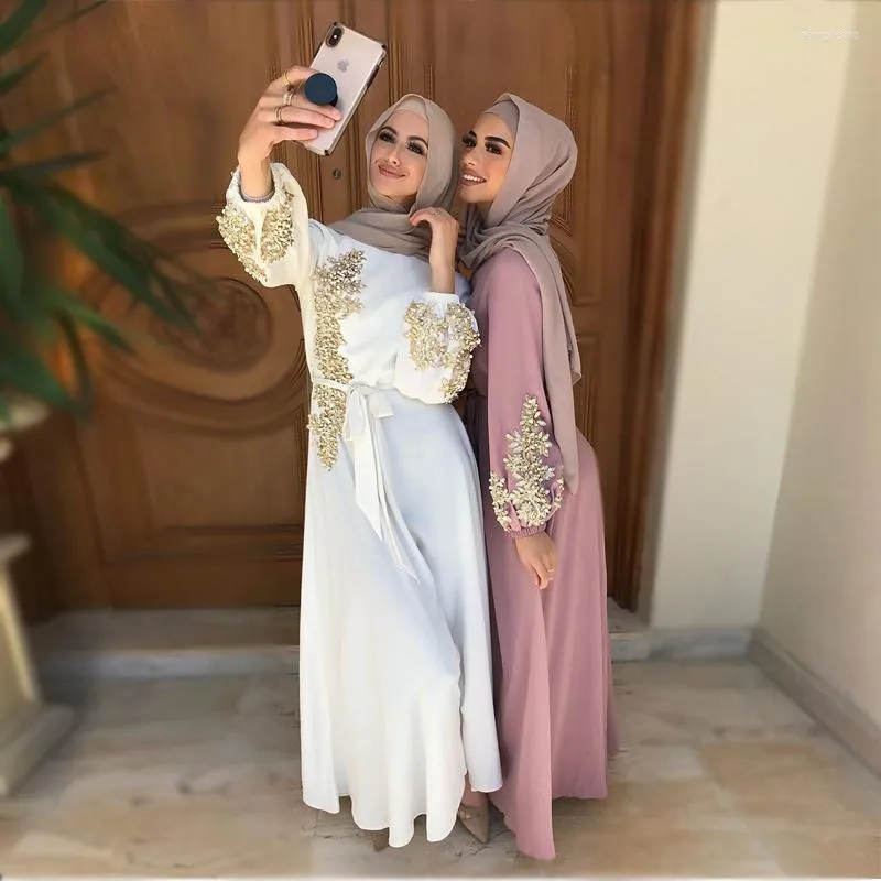 2023 Summer Elegant Solid Lace Pearls Beaded Long Dress For Muslim