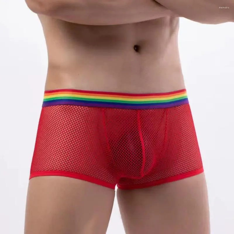 Underpants Sexy Underwear Boxer Shorts Men Mesh Rainbow Belt Breathable Perspective Flat Leg Quadrangle Pants