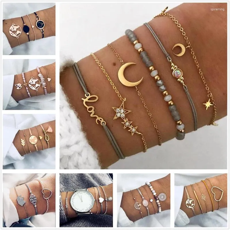 Link Bracelets Star And Moon Bracelet Stackable Layered Personalized Pendant Jewelry Handmade String Grey Bead Anklet Set For Girl Women