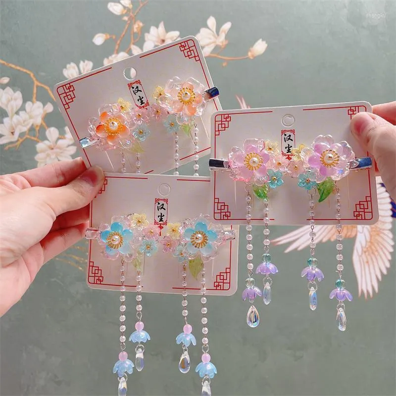 Haarschmuck 2 STÜCKE Nette Prinzessin Chinesischer Stil Quasten Friesen Blumen Mädchen Haarnadeln Kinder Kopfbedeckung Clips Haarspangen