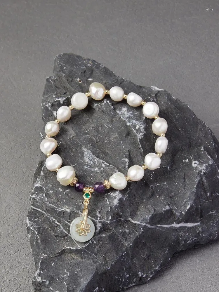 Filo dal design originale con fibbia in giada, perla coltivata, ametista naturale, bracciale da donna
