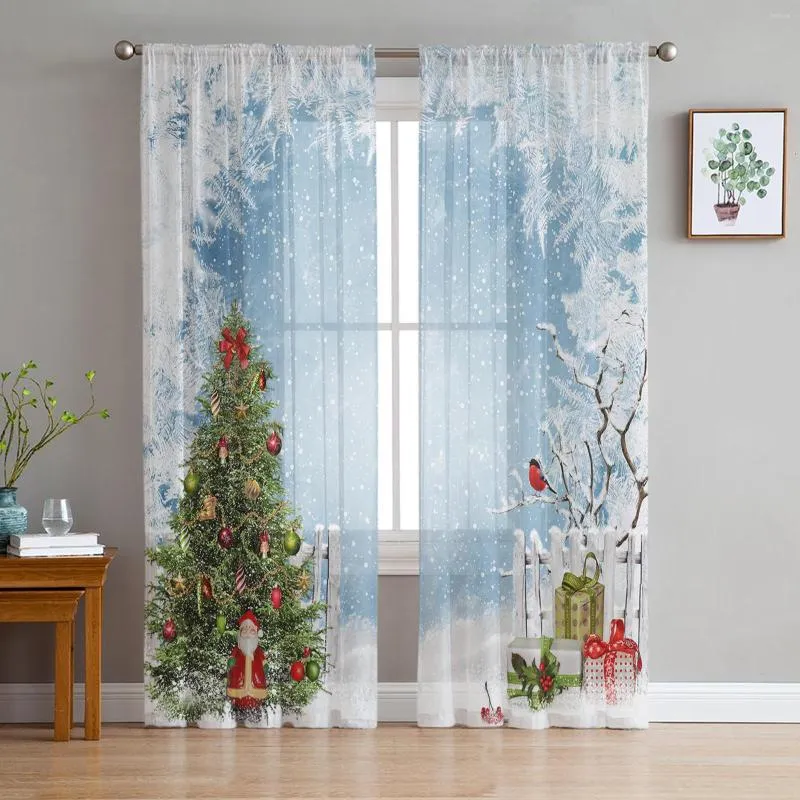 Gardin julgran gåvor jultomten klockor snöflingor tyll ren gardiner vardagsrum sovrum fönster voile organza draperier