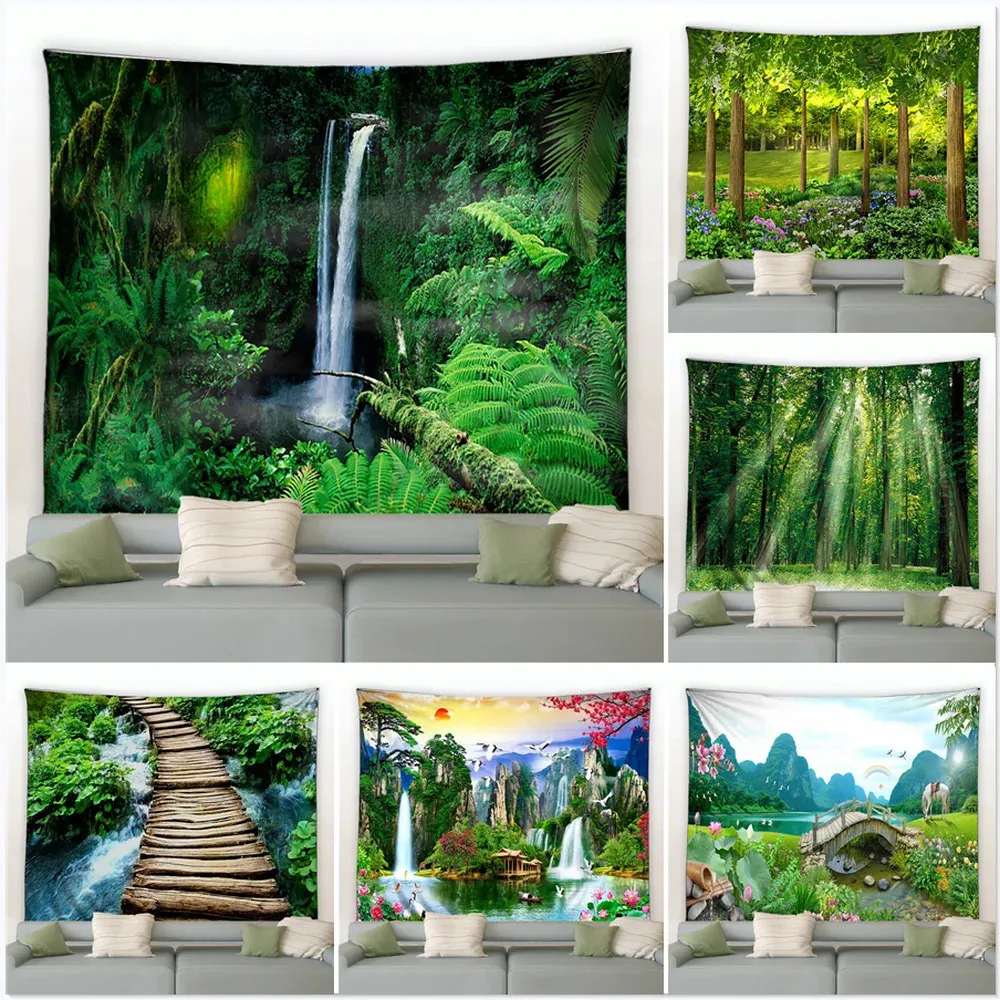 Arazzi Foresta naturale Cascata Paesaggio Arazzo Scena psichedelica Mandala Home Art Decor Coperta Hippie per camera da letto bohémien 231124