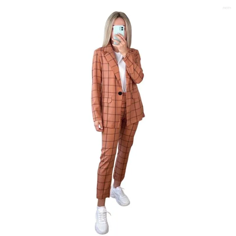 Dames tweedelige broek 2023 Ins Classic Plaid Young Casual Office Lady Suita Set Open Stitch Full Sleeve Long Straight Women 2