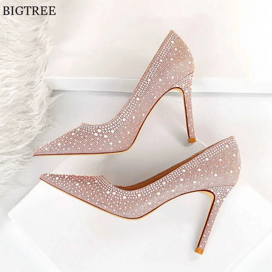 2022 conception strass mode talons hauts chaussures automne femmes pompes noir rose bleu bout pointu femme cristal mariage chaussure fête 230424