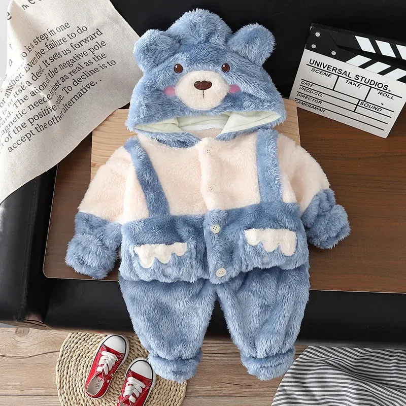 Kläder sätter höst- och vinterbarns pojkar 2st kläder set björn örat huva hem kappa fasta byxor baby set barns pojkar casual wear set 231124