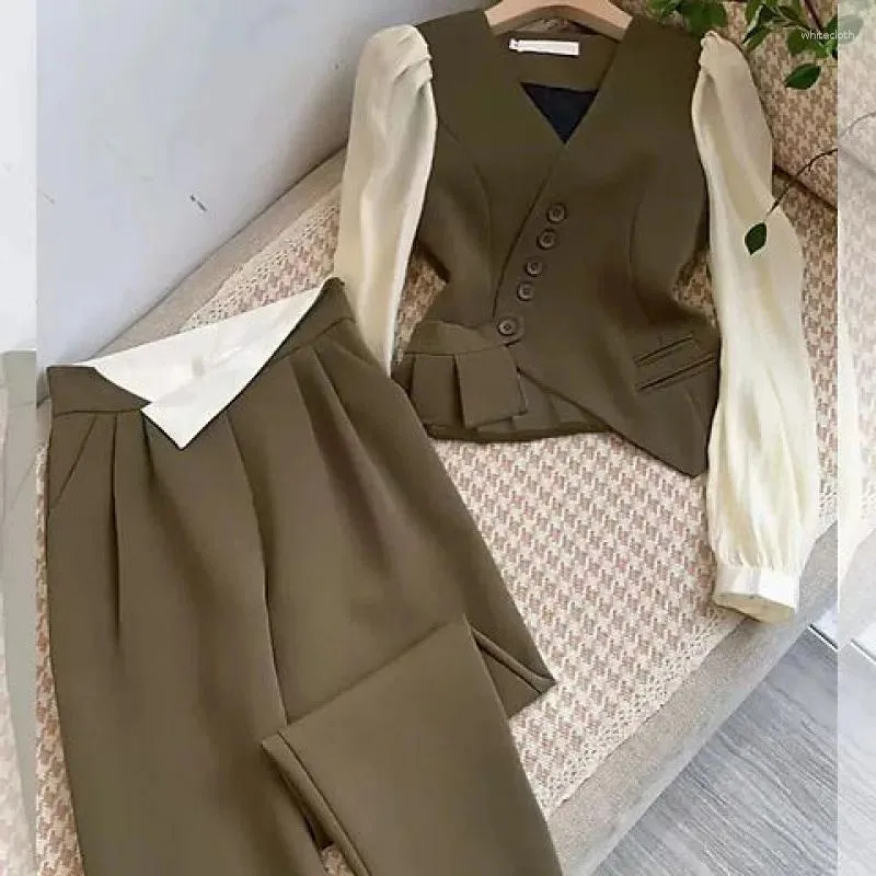 Pantaloni a due pezzi da donna 2023 Pantaloni tailleur Pantaloni su misura Blazer casual con scollo a V Primavera Office Lady Set da lavoro Abiti da donna Tuta