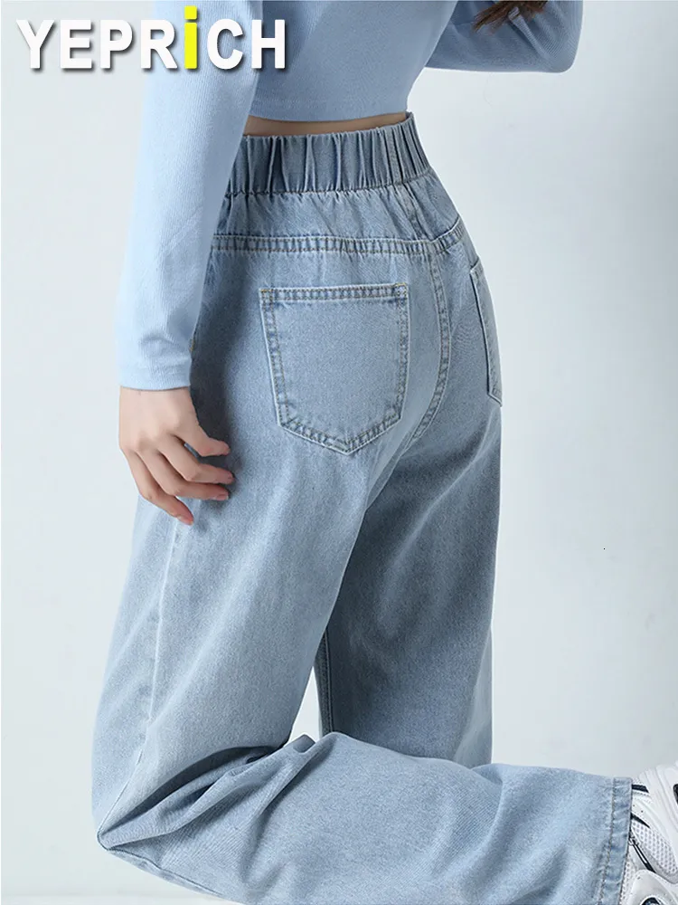 Kvinnors jeans jeans Hight midja Kvinnor Mamma Fashion Elastic midja denim byxor rakt ben Löst fit streetwear Summer Style Baggy byxor 230424