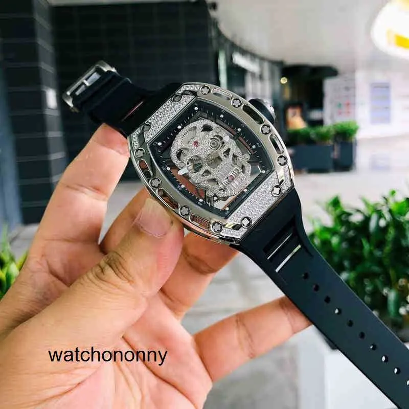 Mechanical Mens Richa Milles Automatic Business Watch Leisure Hollowed Out Skull with Diamond All Over the Sky Star Personality Fashion High Quality