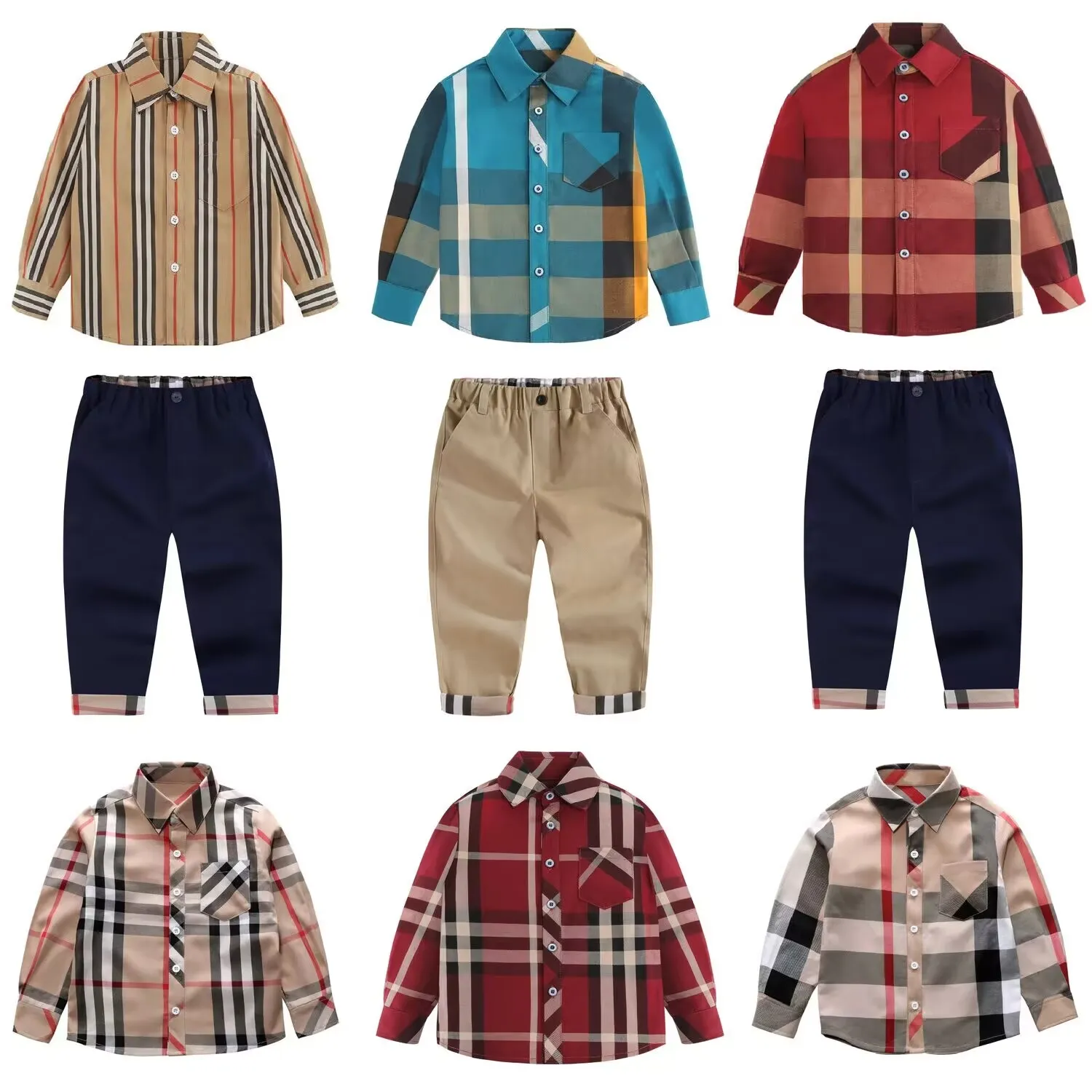 Abito primaverile e autunnale da ragazzo 23 autunno nuova camicia scozzese a maniche lunghe per bambini pantaloni casual abito a due pezzi