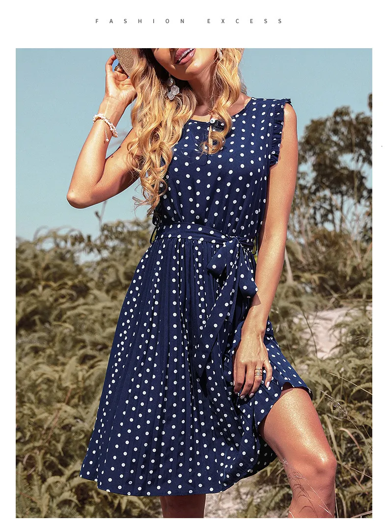 Summer Polka Dot Bandage A-line Midi Dress for Women - Sexy Beach Sundress with Button Detailing, Pleated Back, and Short Sleeves - Casual Blue Short