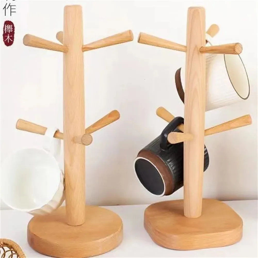 Dish Racks Wood Tree Shape 6 Hooks Kettle Tray Cup Rack Home Kitchen Coffee Tea Mug Hanging Display Shelf Keys Glasses Storage Holder Stand 231124