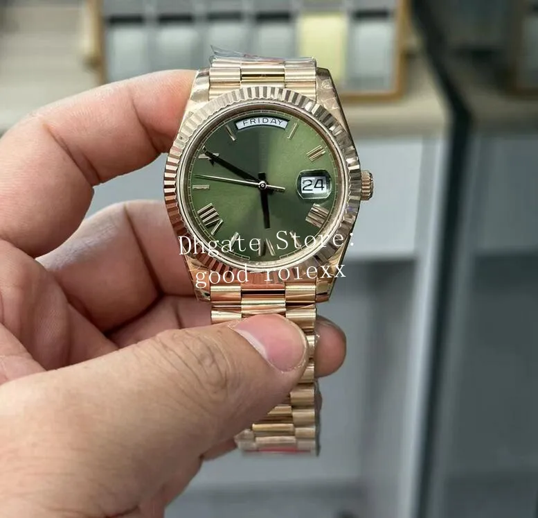 Herrklockor män gmf tung version titta på 40mm automatisk 2836 everose datum tid dag ros guld eta gm maker president green 228235 armbandsur original akrylbox