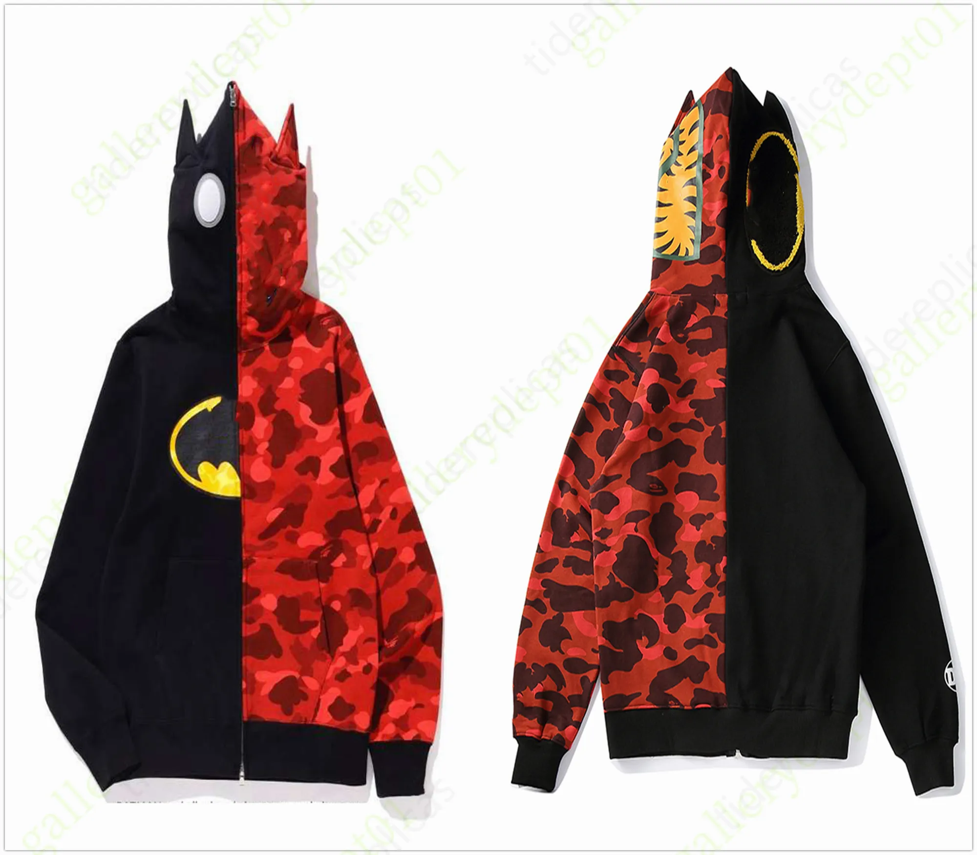 Men s Camo Shark Hoodie Reflective Oversized Full Zip Double Cap Embroidery 100 Cotton