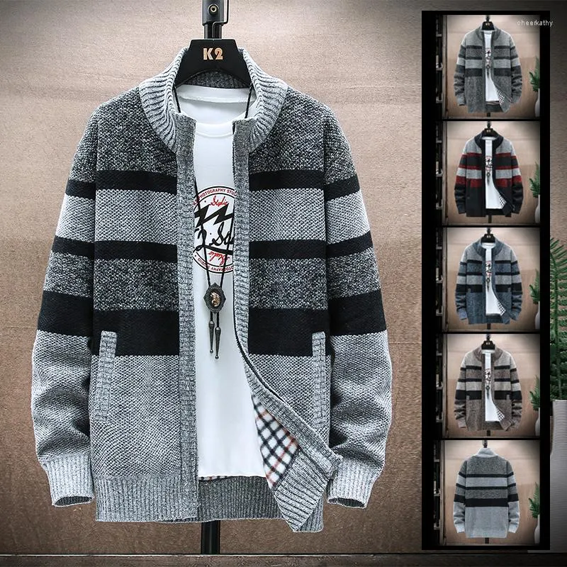 Maglioni da uomo Maglione a righe patchwork invernale da uomo Giacca da cappotto in cardigan con zip spessa e calda in pile autunno-inverno