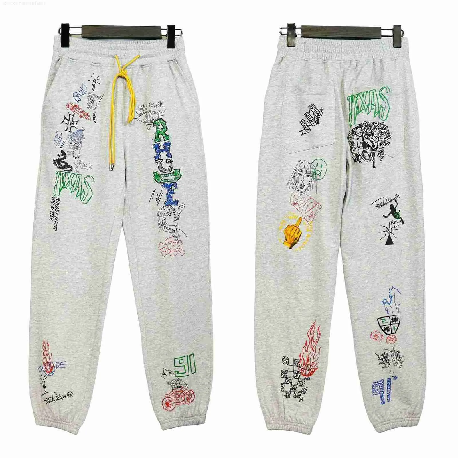 2023 New Men's pants North American High Street Brand Rhude Correct Version Early Autumn Fashion Principal Hand Painted Graffiti Casual Trousers Leggings