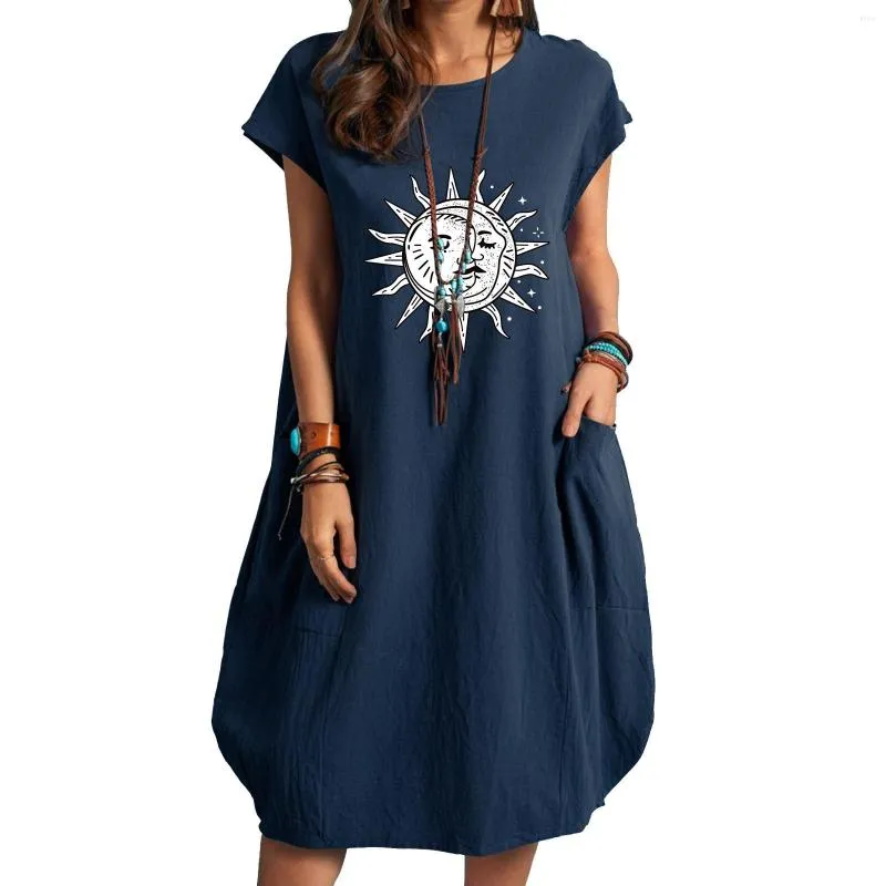 Casual Dresses Lady Face Printed Loose Short Sleeve Dress For Women Summer Round Neck With Pocket Cotton Linen Plus Size Mini