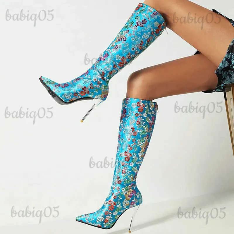 Botas 2021 mulheres joelho botas altas sexy fino salto alto apontado dedo do pé senhoras botas de bezerro microfibra flor vestido botas femininas mais tamanho 43 t231124