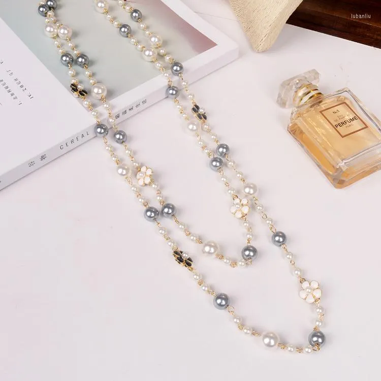 Chains Korean Autumn Winter Camellia Sweater Chain For Woman Female Multi-layer Pearl Rose Flower Long Necklace