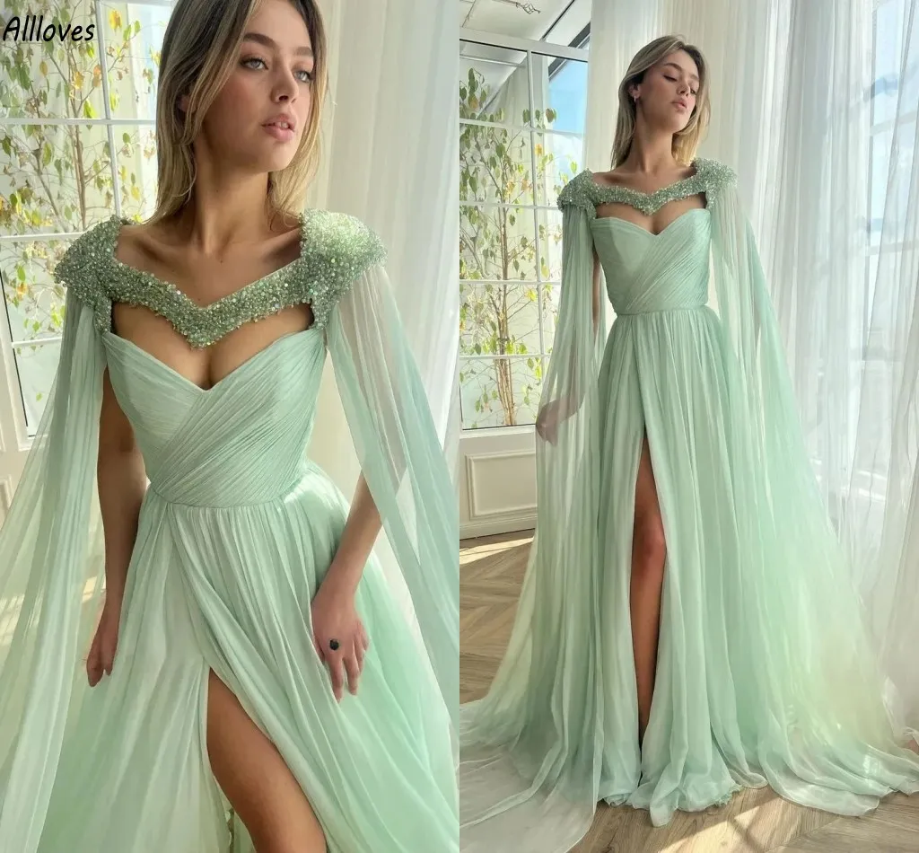 Dubai Arabia Saudita Sage Chiffon Abiti da sera A Line Splendidi perline Mantello lungo Avvolgente Abiti da festa di ballo Pieghettato Sexy Spacco laterale Secondo abito formale da ricevimento CL2972