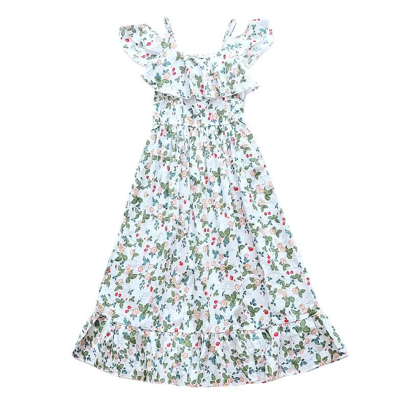 Girl Dresses Girl's Kids Lange jurk voor meisjes Boheems strand Off Schouder Bloemen Maxi Party en bruiloftskinderen Sundress 4-12-jaar