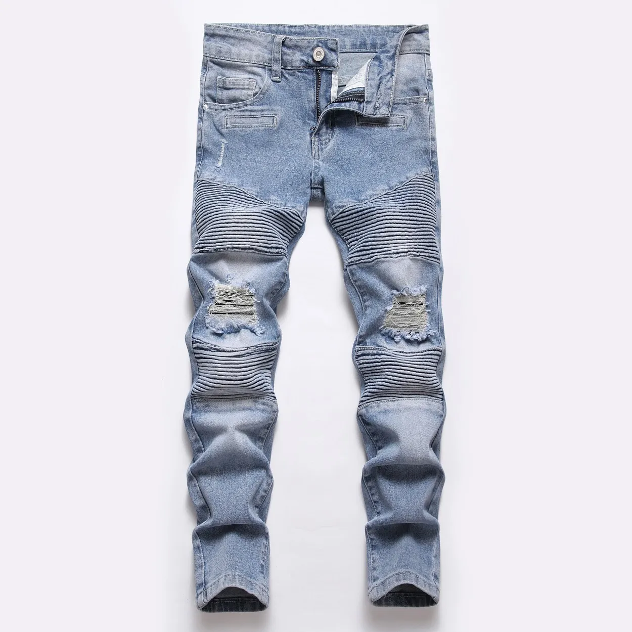 Jeans Boy Spring e outono Mid Blue Spot Mid-Baist Jeans Kids Hole Straight Hole Locomotive Pants 230424