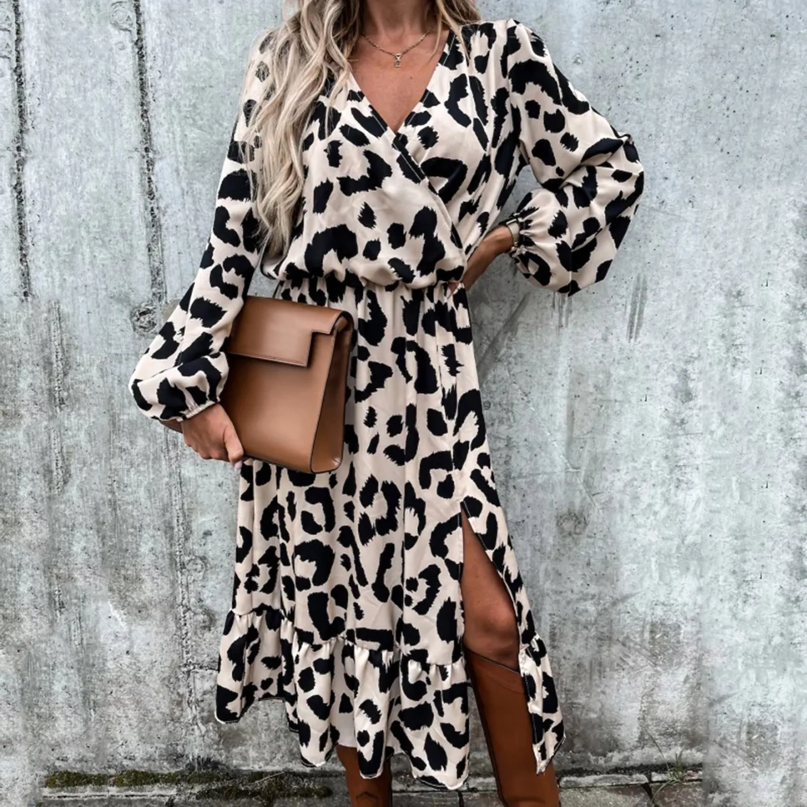 chinese dress ladies Leopard Print Maxi Wrap Dress Medium / Animal