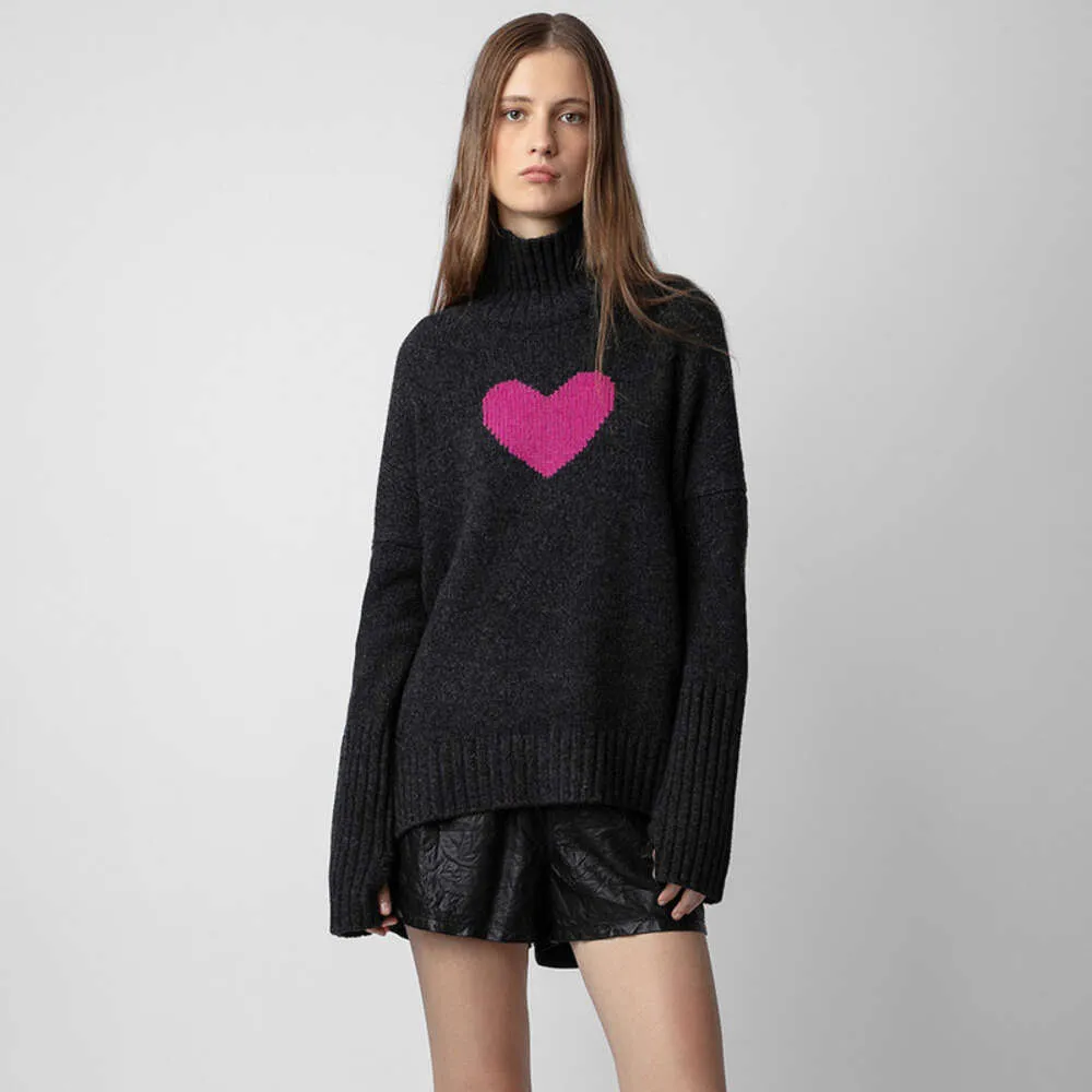 23 winter Women's Knits Tees Zadig Voltaire classic high neck front short back long heart cashmere sweater