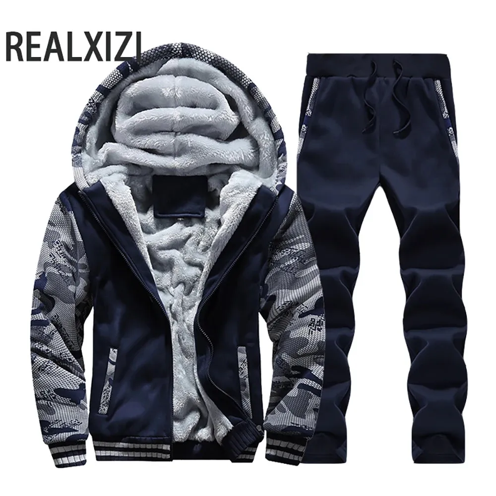 Heren Trainingspakken Wintersport Jas Broek Past Jassen Broeksets Dikker Fleece Thermische Hoodies Set Camouflage Trainingspak Sweatshirts 231123