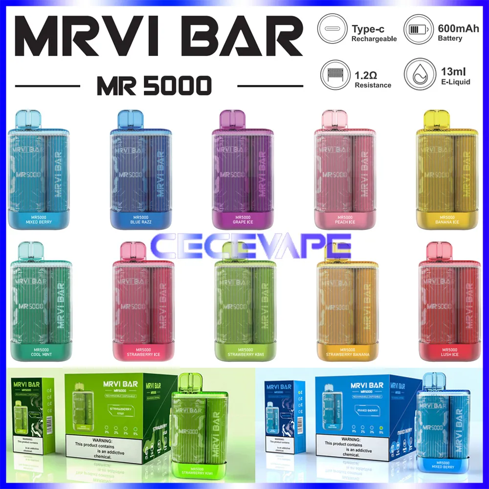 Original ELF MRVI BAR 5000 PULDS Disponible Pod Kit E Cigarett med uppladdningsbart 600mAh Batteri 13 ml Förfyllda vagnar Vape Pen vs Elfworld Bou Bang