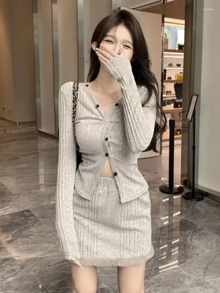 Work Dresses Korean Sweet Knitted Two Piece Sets Women Outfits 2023 Autumn Winter Elegant Chic Cardigan Top Bodycon Skirt 2 Suits