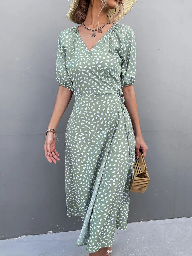 Повседневные платья летние платье с цветочным принтом Женские платье для вечеринки дамы зеленое срезанное платье с V-образным вырезом для женщин 230424